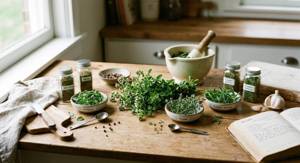Fresh marjoram sprigs alongside small bowls of oregano, thyme, basil, and savory on a wooden cutting board