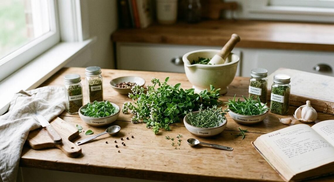 Fresh marjoram sprigs alongside small bowls of oregano, thyme, basil, and savory on a wooden cutting board