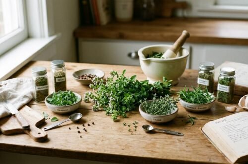 Fresh marjoram sprigs alongside small bowls of oregano, thyme, basil, and savory on a wooden cutting board