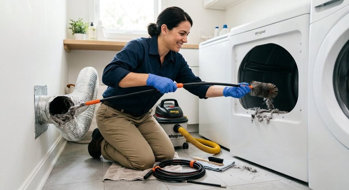 Homeowner cleaning out a dryer vent with a flexible lint brush kit in a residential laundry room
