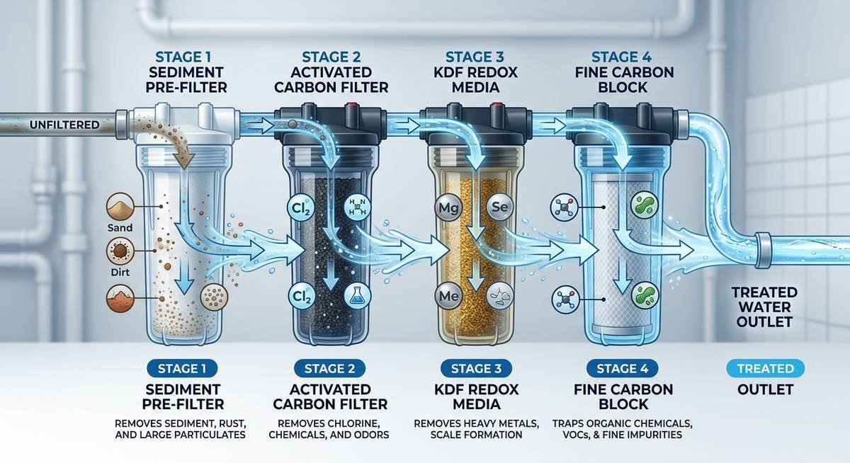 Diagram showing water flowing through a whole home filtration system — sediment pre-filter, activated carbon filter, specialty media stage, and UV chamber — with contaminants removed at each stage