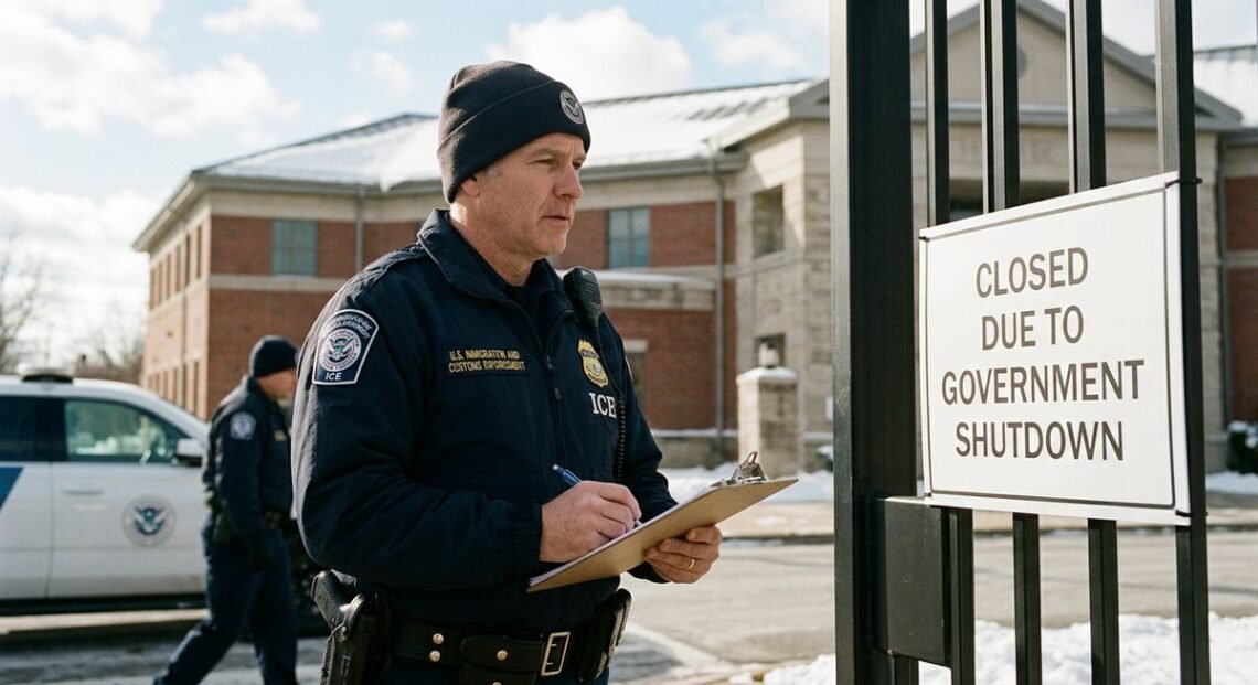 Federal ICE badge on a desk next to a paycheck stub, representing the question of whether ICE employees receive pay during government shutdowns