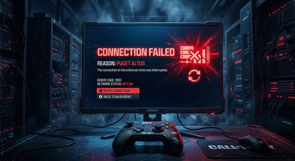 Call of Duty Puget Altus error code displayed on a gaming screen with network connection failure icons