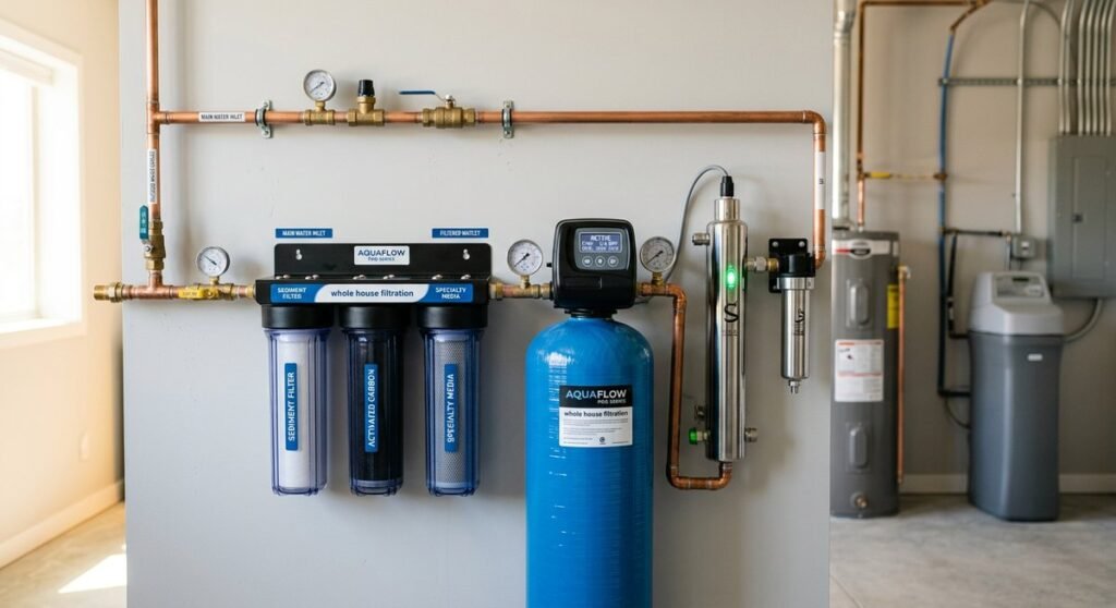 A modern whole home water filtration system installed in a residential utility room with multi-stage filter housings