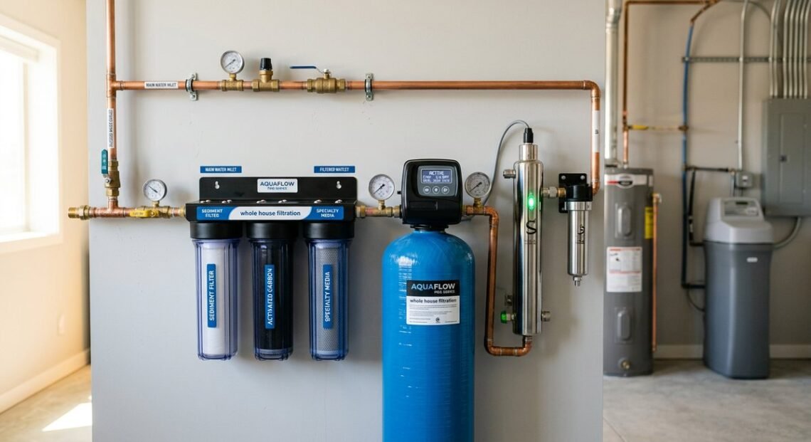 A modern whole home water filtration system installed in a residential utility room with multi-stage filter housings