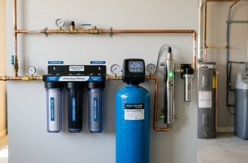 A modern whole home water filtration system installed in a residential utility room with multi-stage filter housings